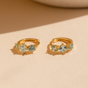 Aquamarine Huggie Hoops by Caitlyn Minimalist • Dainty Blue Diamond Earrings in Gold • Wedding Jewelry • Perfect Gift for Her • ER384