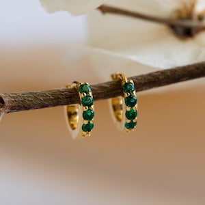 Emerald Huggie Earrings by Caitlyn Minimalist • Dainty Hoop Earrings, Trendy Gemstone Jewelry for Everyday Wear • Birthday Gift • ER111