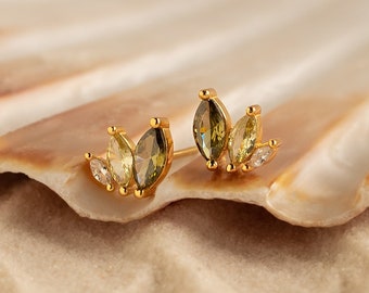 Peridot Leaf Stud Earrings by Caitlyn Minimalist • Green Crystal Earrings • Marquise Gemstone Jewelry • Summer Beach Jewelry for Her • ER362