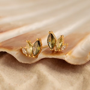 Peridot Leaf Stud Earrings by Caitlyn Minimalist Green Crystal Earrings Marquise Gemstone Jewelry Summer Beach Jewelry for Her ER362 18K GOLD