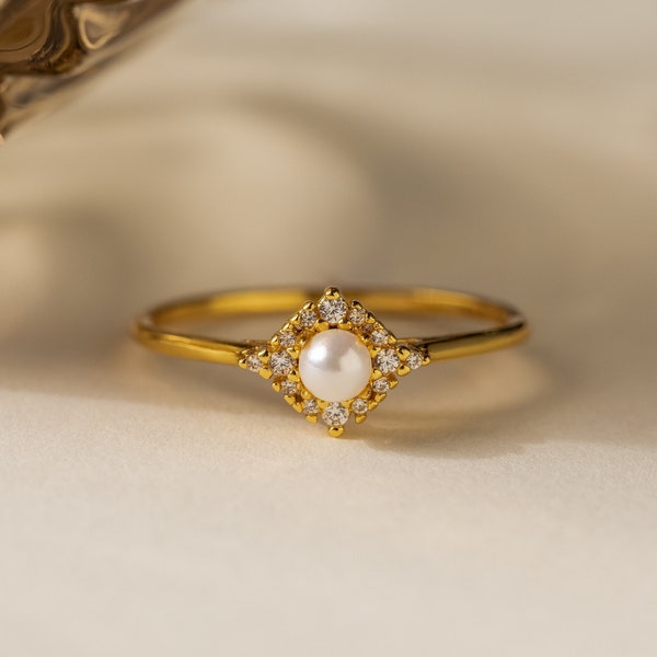 Vintage Inspired Pearl & Diamond Ring by Caitlyn Minimalist • Dainty Engagement Ring • Perfect Romantic Gift • Gift for Girlfriend • RR102