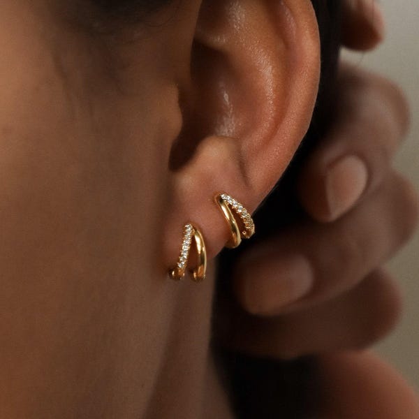 Brincos de argola dupla da Caitlyn Minimalist • Argolas cravejadas de ouro • Brincos de diamante • Joias para casamento • Presentes para madrinhas • ER119