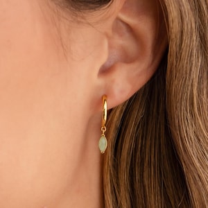 Jade Leaf Huggie Earrings by CaitlynMinimalist • Dangling Marquise Gemstone Hoop Earrings in Gold • Green Jade Jewelry • Friend Gift • ER566
