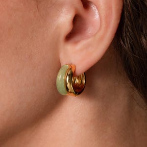 Duo Jade Earrings by Caitlyn Minimalist • Chunky Green Aventurine Dome Hoop Earrings • ER837