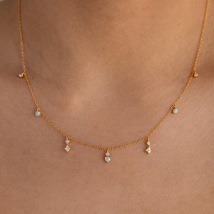 Opal Diamond Station Necklace by Caitlyn Minimalist • Opal Layered Chain Necklace • Birthstone Jewelry • Boho Jewelry • Bridal Gift • NR242
