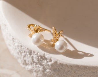 Pearl Bow Stud Earrings by Caitlyn Minimalist • Dainty Diamond Earrings in Gold & Silver • Coquette Jewelry • Bridesmaid Gift • ER312