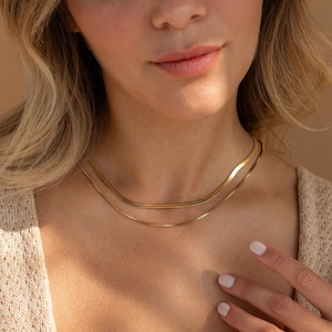 Duo Chain Herringbone Necklace by Caitlyn Minimalist Layered Box Chain Necklace Set, Perfect Everyday Jewelry Gift for Her NR166 18K GOLD