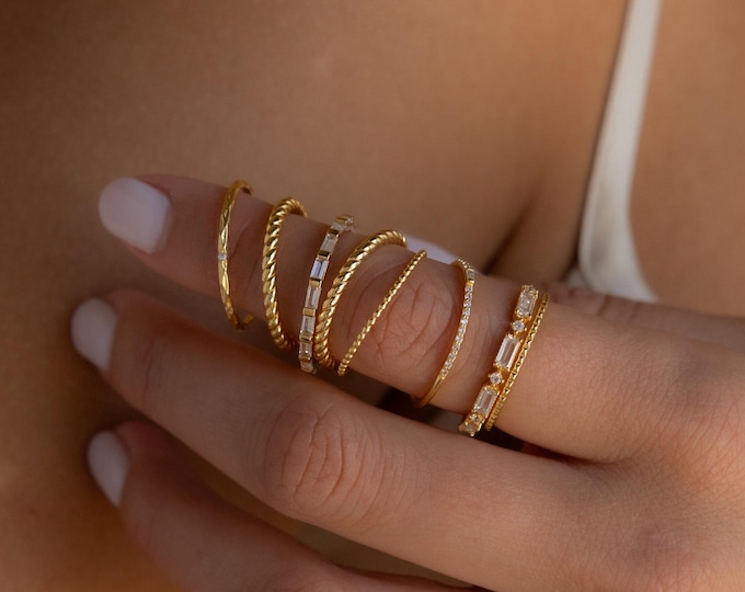 Dainty Diamond Ring Set by Caitlyn Minimalist • Set of 3 Dainty Gemstone Stacking Rings • Bridal Jewelry • Birthday Gift for Her • RR109