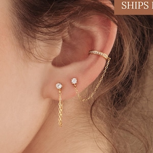 Ear Cuff Chain Earrings • Minimalist Chain Diamond Studs • Perfect Minimalist Earrings • Bridesmaid Gifts • Dainty Jewelry • ER006