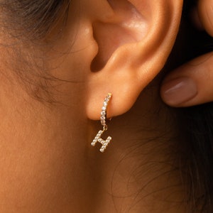 Pave Initial Huggie Earrings by Caitlyn Minimalist • Custom Gold Hoop Earrings • Dangling Letter Charm Earrings • Personalized Gifts • ER291
