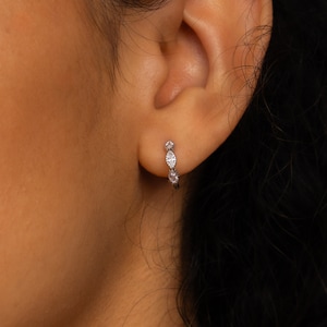 Marquise Huggie Hoops by Caitlyn Minimalist • Bezeled Diamond Hoop Earrings • Crystal Cartilage Earrings • Silver Jewelry • Mom Gift • ER408