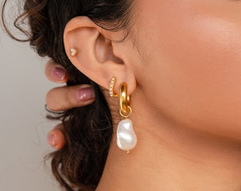 Baroque Pearl Drop Earrings by Caitlyn Minimalist • Statement Pearl Hoops • Dangling Baroque Pearl Earrings • Anniversary Gift • ER451