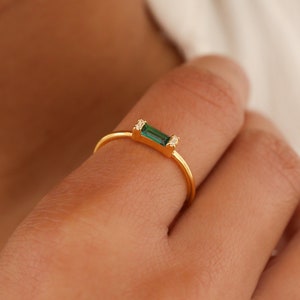 Emerald Baguette Ring by Caitlyn Minimalist • Delicate Green Crystal Promise Ring for Girlfriend • Romantic Anniversary Gift • RR055