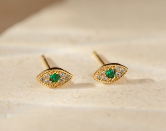 Emerald Eye Stud Earrings by Caitlyn Minimalist • Dainty Evil Eye Gemstone Earrings • Small Second Hole Earrings • Sister Gift • ER314