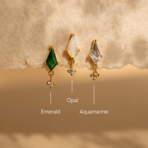 Kite Gemstone Drop Earrings by Caitlyn Minimalist • Art Deco Geometric Stud Earrings in Emerald, Opal & Aquamarine • Birthday Gift • ER441