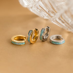 Blue Opal Huggies by Caitlyn Minimalist • Ocean Opal Hoop Earrings • Dainty Silver Huggie Hoops • Bridal Jewelry • Bridesmaid Gift • ER212