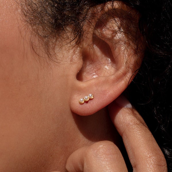 Pearl Bar Earrings by Caitlyn Minimalist • Beaded Stud Earrings • Dainty Second Hole Earrings • Perfect Gift for Her • ER176