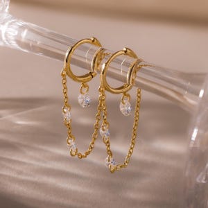 Crystal Chain Drop Huggies by Caitlyn Minimalist • Dangling Diamond Chain Earrings • ER871