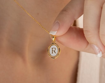Initial Pendant Necklace by Caitlyn Minimalist • White Enamel & Gold Charm Necklace • Oval Letter Necklace • Graduation Gift for Her • NR077