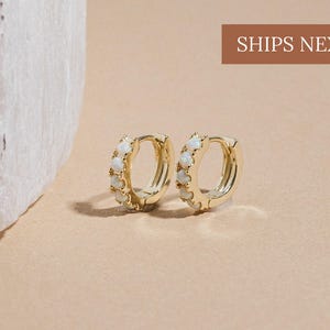 Opal Huggie Hoops by Caitlyn Minimalist • Opal Huggie Earrings • Minimalist Gold Earrings • Birthday Gift • Jewelry Gifts for Mom • ER029