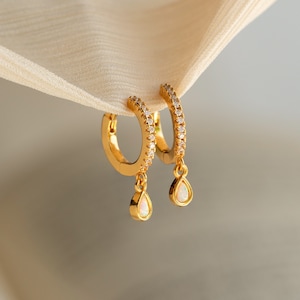 Opal Drop Huggie Earrings by Caitlyn Minimalist • Pave Diamond Hoop Earrings • Opal Dangle Earrings in Gold • Gift for Girlfriend • ER353