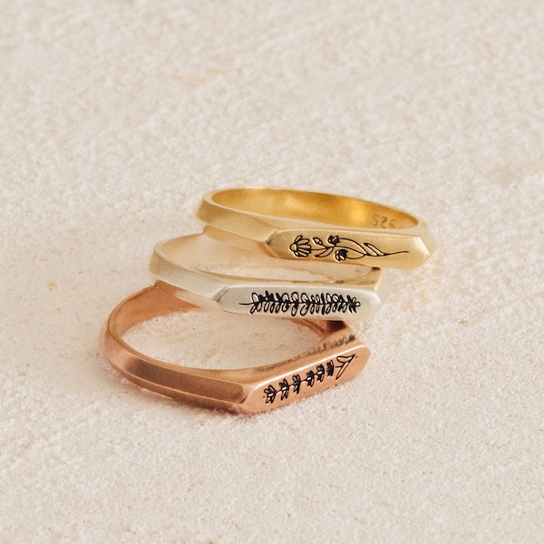 Custom Flower Signet Bar Ring by Caitlyn Minimalist • Minimalist Engraved Floral Pinky Ring • Personalized Graduation Gift • RM32