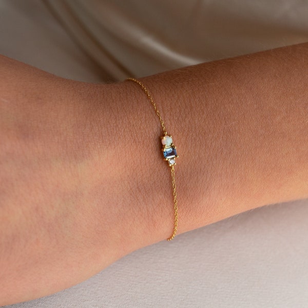 Opal & Diamond Gemstone Bracelet by Caitlyn Minimalist • Dainty Birthstone Charm Bracelet • Opal Jewelry • Birthday Gift for Her • BR023