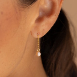 Pink Pearl Drop Earrings by Caitlyn Minimalist • Tiny Pink Diamond Studs with Dangling Rose Pink Pearl • Perfect Bridesmaids Gift • ER401
