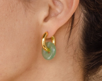 Chunky Jade Hoop Earrings by Caitlyn Minimalist • Jade Gemstone Summer Jewelry • Green Double Hoop Dangle Earrings • Gift for Her • ER302
