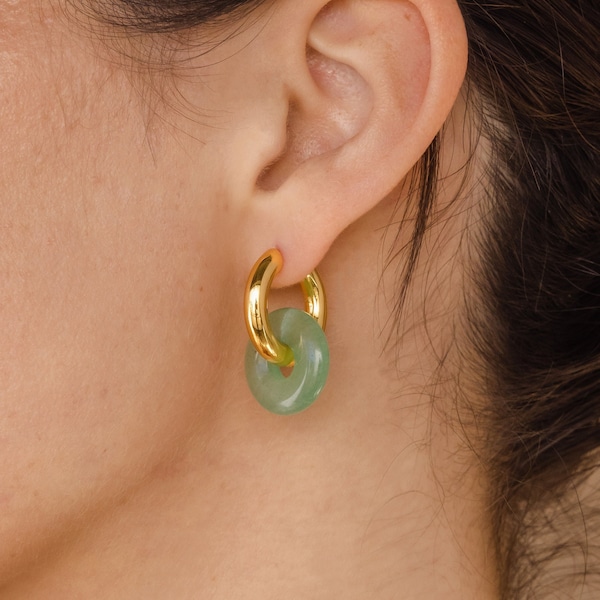 Pendientes de aro de jade grueso de Caitlyn Minimalista • Joyería de verano con piedras preciosas de jade • Pendientes colgantes de aro doble verde • Regalo para ella • ER302