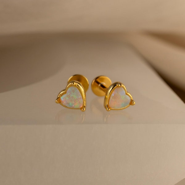 Opal Heart Studs by Caitlyn Minimalist • Flat-Back Stud Earrings • Dainty Opal Gemstone Earrings • Crystal Jewelry • Gift for Her • ER625
