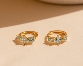 Aquamarine Huggie Hoops by Caitlyn Minimalist • Dainty Blue Diamond Earrings in Gold • Wedding Jewelry • Perfect Gift for Mom • ER384