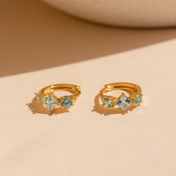 Aquamarine Huggie Hoops by Caitlyn Minimalist • Dainty Blue Diamond Earrings in Gold • Wedding Jewelry • Perfect Gift for Mom • ER384