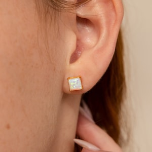 Princess Cut Opal Earrings by Caitlyn Minimalist Vintage Style Statement Stud Earrings Opal Gemstone Jewelry Birthday Gift ER418 image 2