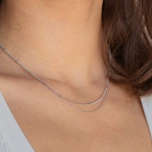 Beaded Duo Chain Necklace by Caitlyn Minimalist Gold Layered Necklace with Satellite Chain and Delicate Chain Choker Friend Gift NR079 STERLING SILVER