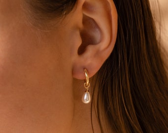 Pearl Tear Drop Hoops by Caitlyn Minimalist • Dangling Pearl Earrings • Gold Huggie Earrings • Bridal Jewelry • Dainty Gift for Mom • ER404