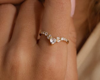 Curved Diamond Heart Ring by Caitlyn Minimalist • Unique Diamond Cluster Engagement Ring • Bridal Jewelry • Anniversary Gift for Her • RR190