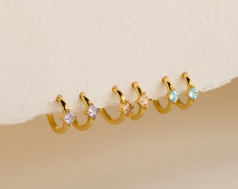 Dainty Birthstone Huggies by Caitlyn Minimalist • Gold Hoop Earrings with Custom Birthstone • Perfect Gift for Mom • ER094