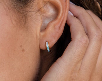 Ocean Opal Inlay Huggie Earrings by Caitlyn Minimalist • Blue Opal Earrings • Everyday Huggie Hoops • Gift for Her • ER212