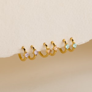 Dainty Birthstone Huggies by Caitlyn Minimalist • Gold Hoop Earrings with Custom Birthstone • Perfect Gift for Mom • ER094