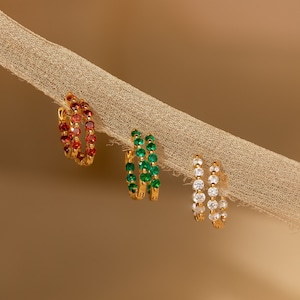 Inside Out Gemstone Hoop Earrings by Caitlyn Minimalist • Beaded Huggie Earrings in Garnet, Emerald & Diamond • Anniversary Gift for Wife