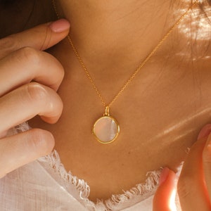 Round Pearl Locket Necklace by Caitlyn Minimalist • Mother of Pearl Photo Locket Necklace for Her • Keepsake Jewelry, Gift for Mom • NR111