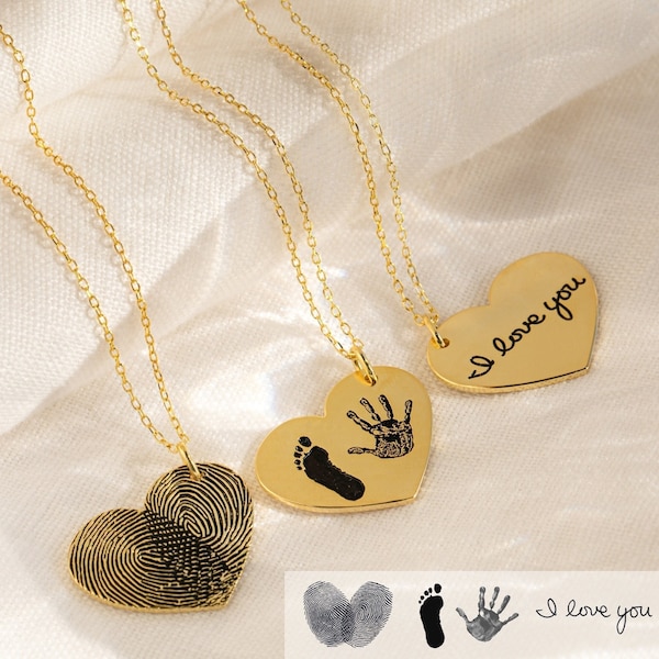 Actual Fingerprint Necklace • Engraved Fingerprint Handwriting Jewelry • Custom Heart Charm • Memorial Necklace • Personalized Gift • NM32