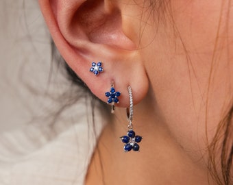 Blue Flower Earring Set by Caitlyn Minimalist • Set of 3 Sapphire & Lapis Lazuli Flower Earrings in Silver • Anniversary Gift • ER430