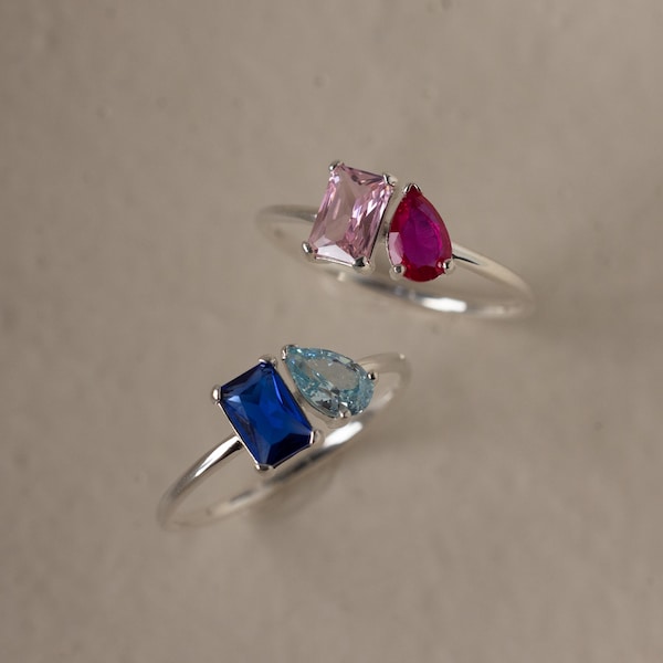 Emerald & Pear Cut Birthstone Ring by Caitlyn Minimalist • Custom Toi et Moi Gemstone Ring • Personalized Silver Jewelry • Mom Gift • RM124