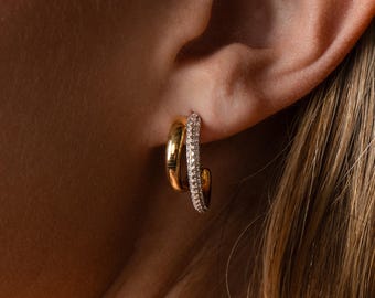 Asymmetrical Pave Duo Hoop Studs by Caitlyn Minimalist • Double-Front Mixed Metal Earrings • Unique Jewelry • Best Friend Gift • ER746