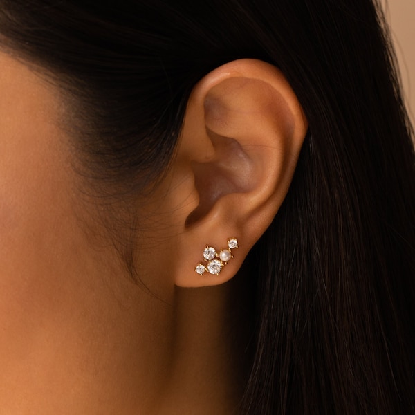 Cluster Stud Earrings by Caitlyn Minimalist • Diamond and Pearl Climber Earrings • Elegant Wedding Earrings • Bridal Shower Gift • ER277