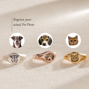 Anillo con sello con fotografía de mascota de Caitlyn Minimalista • Joyería grabada personalizada, anillo apilable personalizado • Regalo significativo para el dueño de un perro o gato • RM77