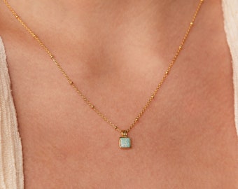 Turquoise Opal Pendant Necklace by Caitlyn Minimalist • Dainty Square Charm Necklace on Satellite Chain • Opal Jewelry • Sister Gift • NR161