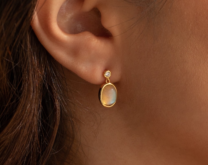 Moonstone Drop Earrings by Caitlyn Minimalist • Gemstone Stud Earrings • Natural Labradorite Earrings • Gift for Girlfriend • ER331